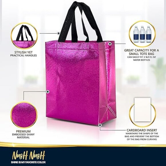 Hot Pink Gift Bags Medium Size – Set of 12 Shiny Fuchsia Pink Reusable Gift Bags - Picture 3 of 4